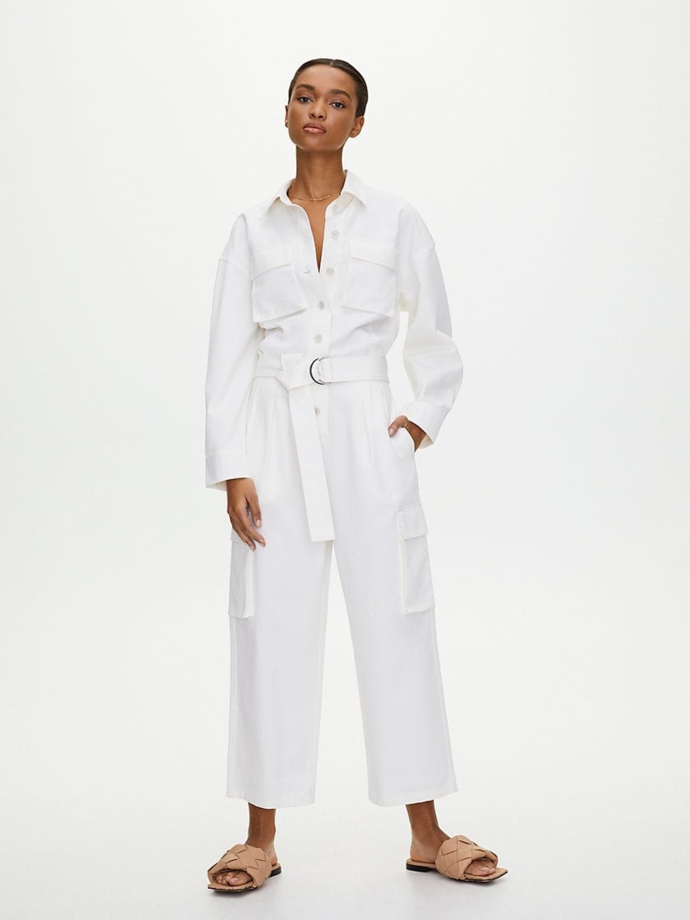 Babaton Size XS Off White Cotton Silk Belted Utility Jumpsuit